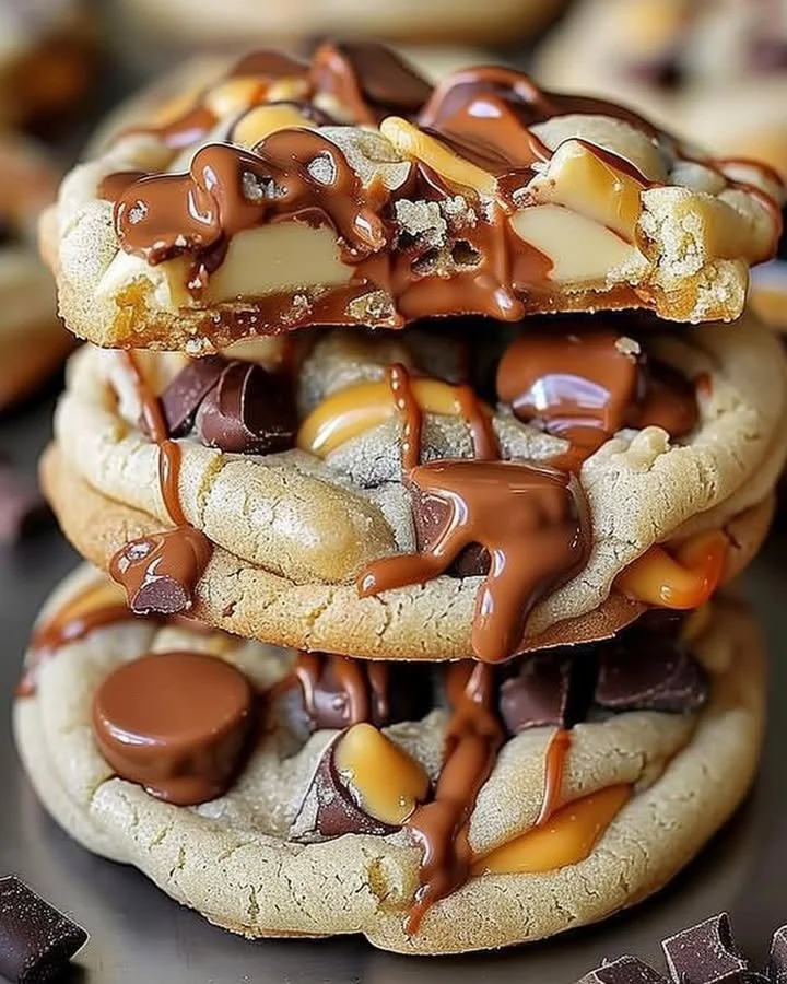Gooey Reese's cheesecake cookies with chocolate and cream cheese toppings