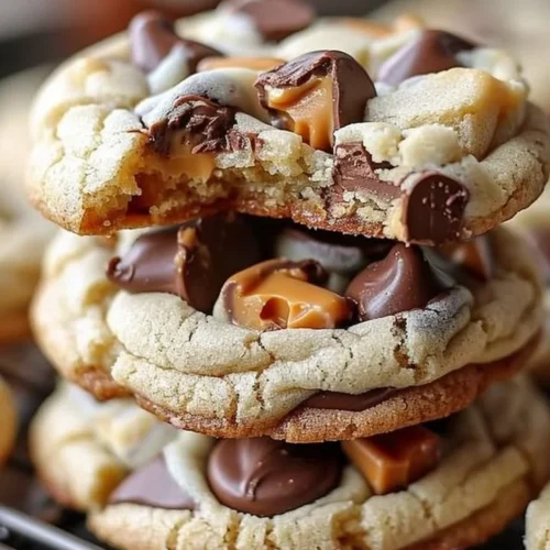 Gooey Reese's cheesecake cookies with chocolate and peanut butter toppings