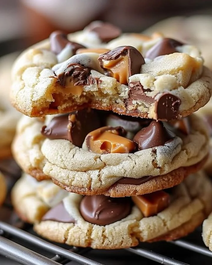 Gooey Reese's cheesecake cookies with chocolate and peanut butter toppings