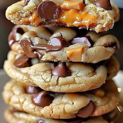 Gooey Reese's cheesecake cookies with chocolate and peanut butter flavors