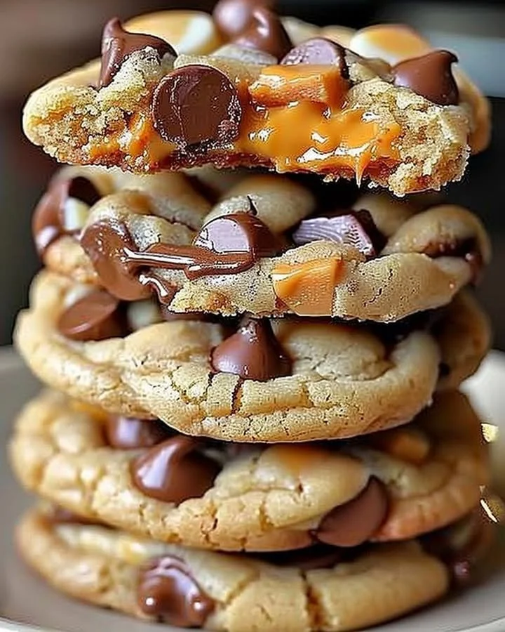 Gooey Reese's cheesecake cookies with chocolate and peanut butter flavors