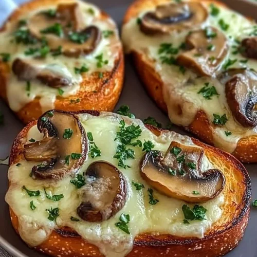 Gourmet cheesy mushroom and garlic toasts served on a wooden board.