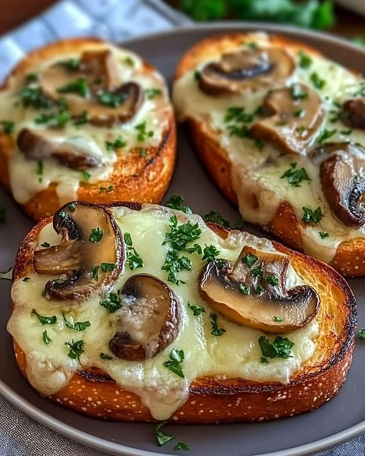 Gourmet cheesy mushroom and garlic toasts served on a wooden board.