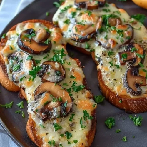 Gourmet cheesy mushroom and garlic toasts on a wooden platter