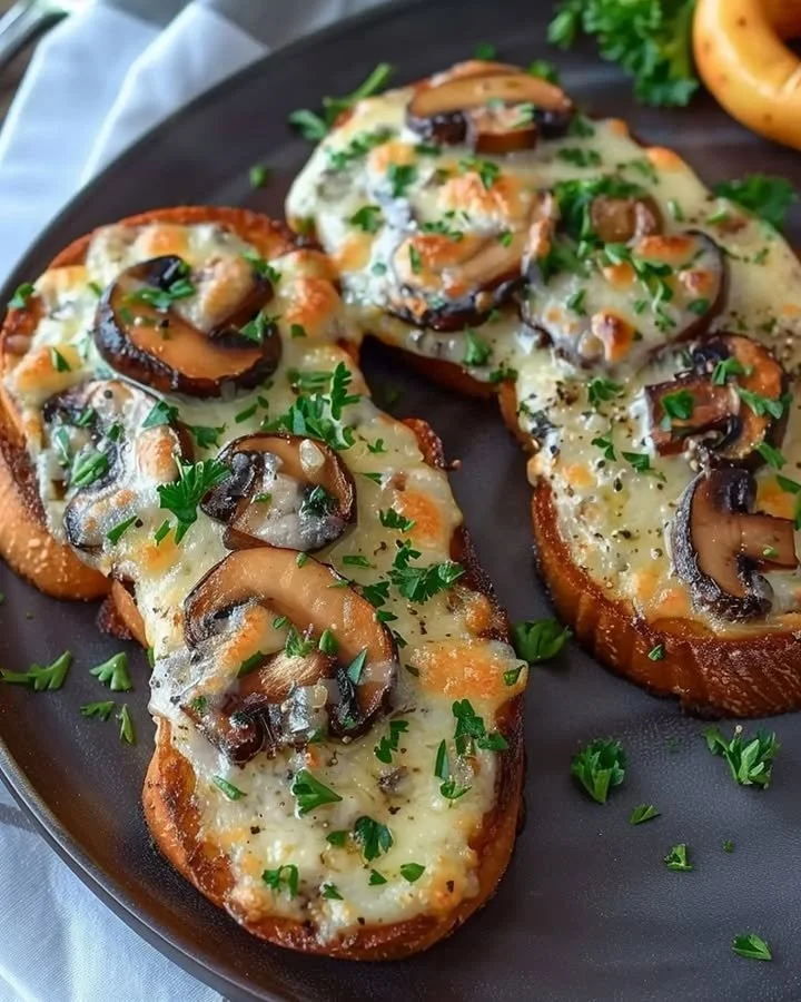 Gourmet cheesy mushroom and garlic toasts on a wooden platter