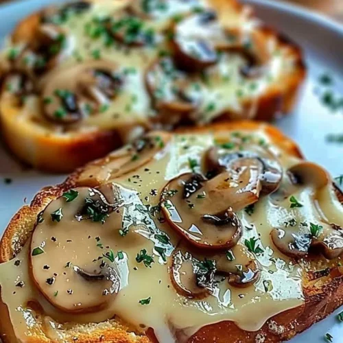 Gourmet cheesy mushroom and garlic toasts on a rustic wooden board.