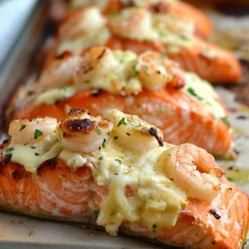 Gourmet mozzarella and shrimp stuffed salmon fillets on a plate
