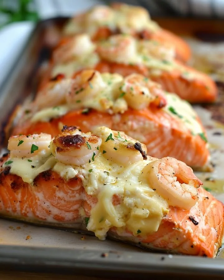 Gourmet mozzarella and shrimp stuffed salmon fillets on a plate