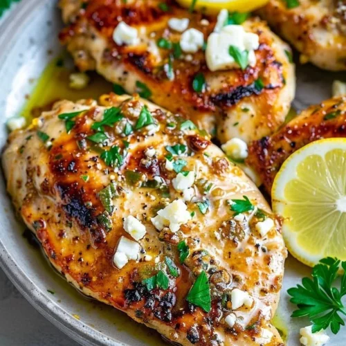 Plate of Greek Chicken with Lemon and Feta garnished with herbs
