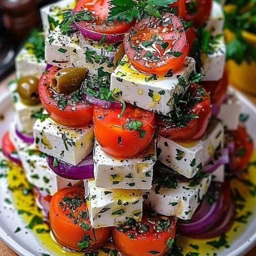 Greek Feta Salad Tower with fresh vegetables and herbs