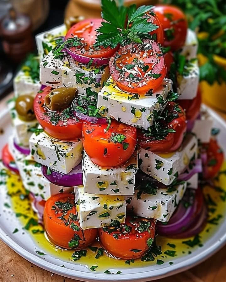 Greek Feta Salad Tower with fresh vegetables and herbs