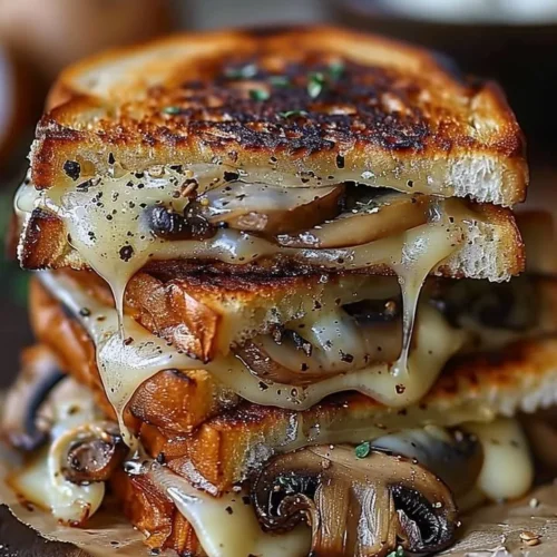 Delicious grilled cheese sandwich with Gouda, roasted mushrooms, and caramelized onions
