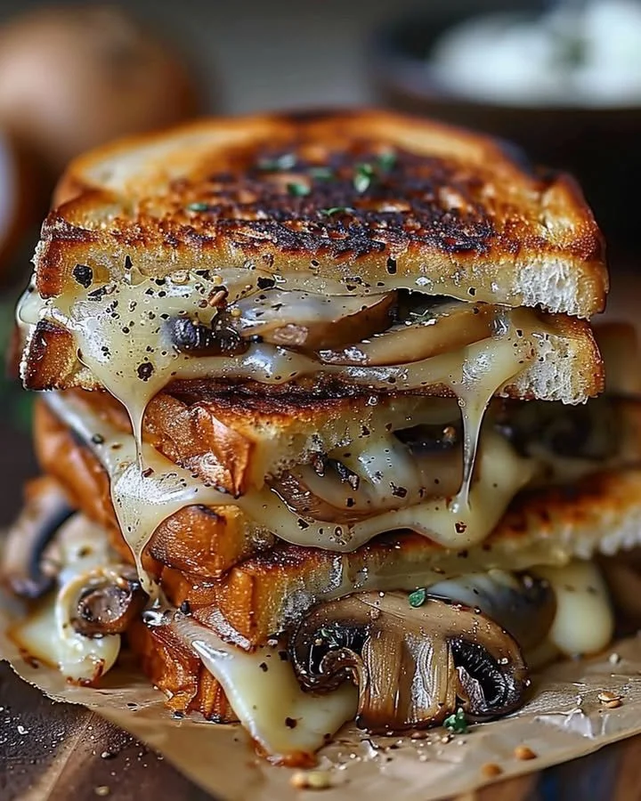 Delicious grilled cheese sandwich with Gouda, roasted mushrooms, and caramelized onions