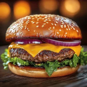 Delicious grilled onion ring burger with crispy onion rings and fresh toppings
