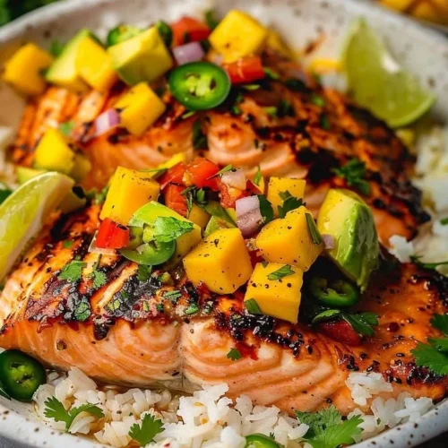 Grilled salmon fillet topped with vibrant mango salsa on a plate