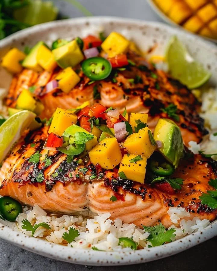 Grilled salmon fillet topped with vibrant mango salsa on a plate