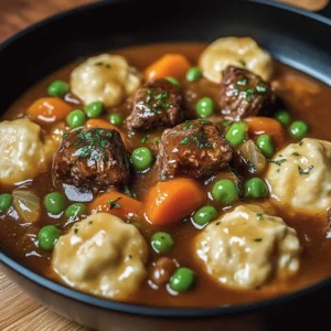 Delicious ground beef and dumplings served in a hearty broth.