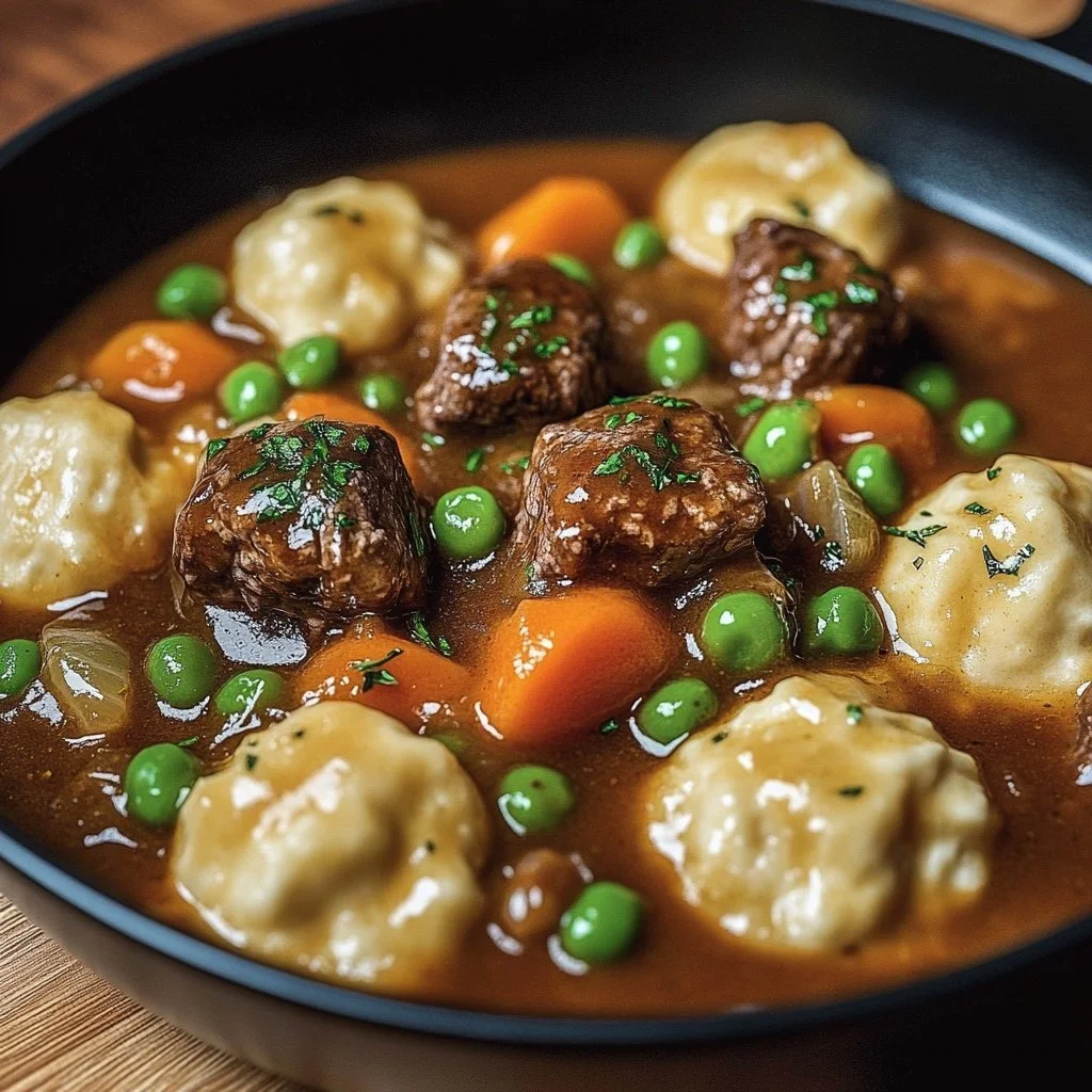 Delicious ground beef and dumplings served in a hearty broth.