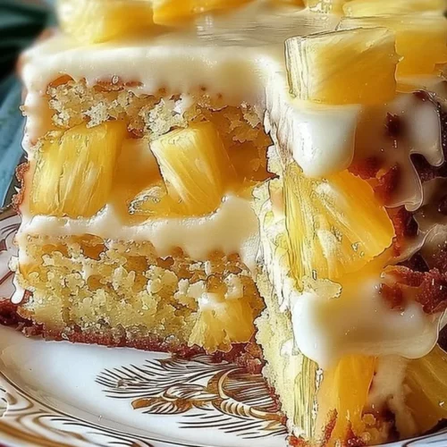 Delicious slice of Hawaiian Pineapple Cake with tropical fruit decorations