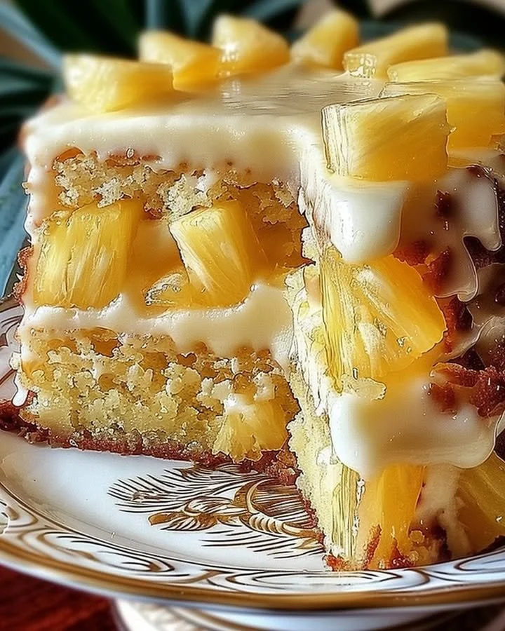 Delicious slice of Hawaiian Pineapple Cake with tropical fruit decorations