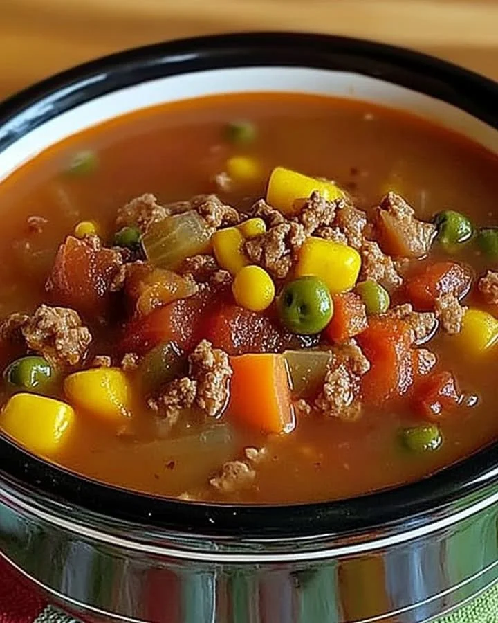 Heart Crock Pot Cowboy Soup with vegetables and meat in a slow cooker.