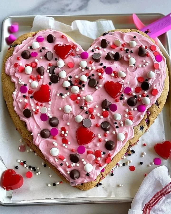 Delicious Heart-Shaped Cookie Cake decorated for Valentine's Day