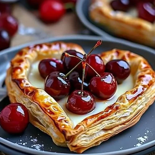 Heart shaped puff pastries with custard and cherries on a plate