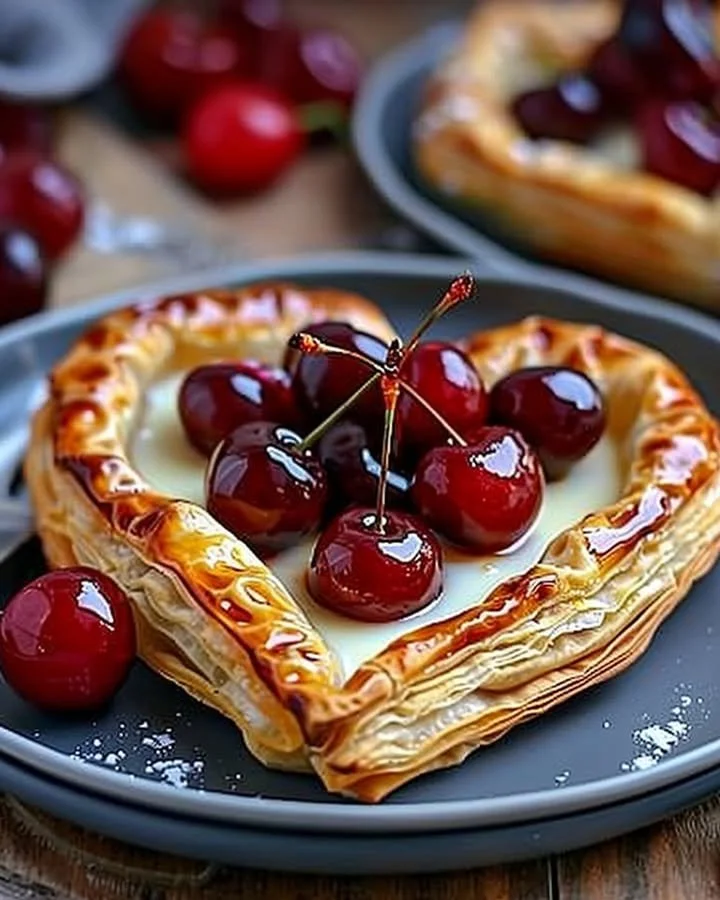 Heart shaped puff pastries with custard and cherries on a plate