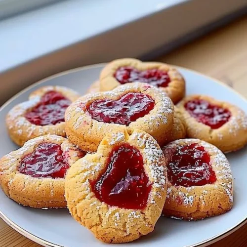 Heart-shaped raspberry jam cookies with a sweet fruit filling