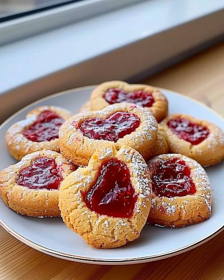 Heart-shaped raspberry jam cookies with a sweet fruit filling