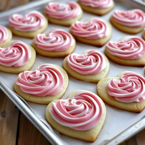 Heart-shaped sugar cookies with colorful buttercream roses on top