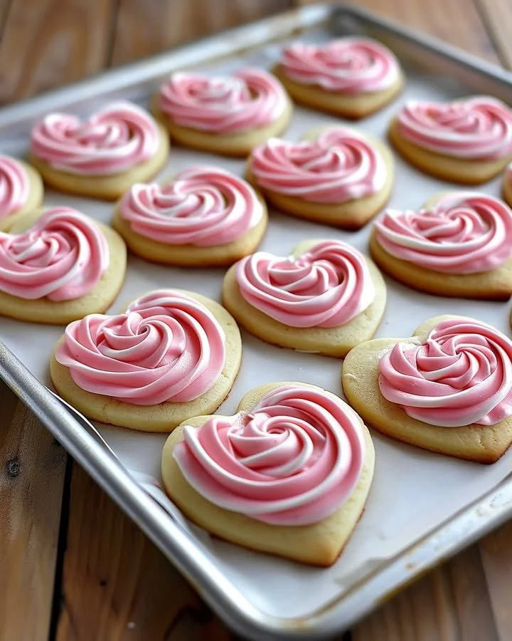 Heart-shaped sugar cookies with colorful buttercream roses on top