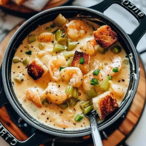 Delicious hearty shrimp bisque served in a bowl with herbs and shrimp garnish.
