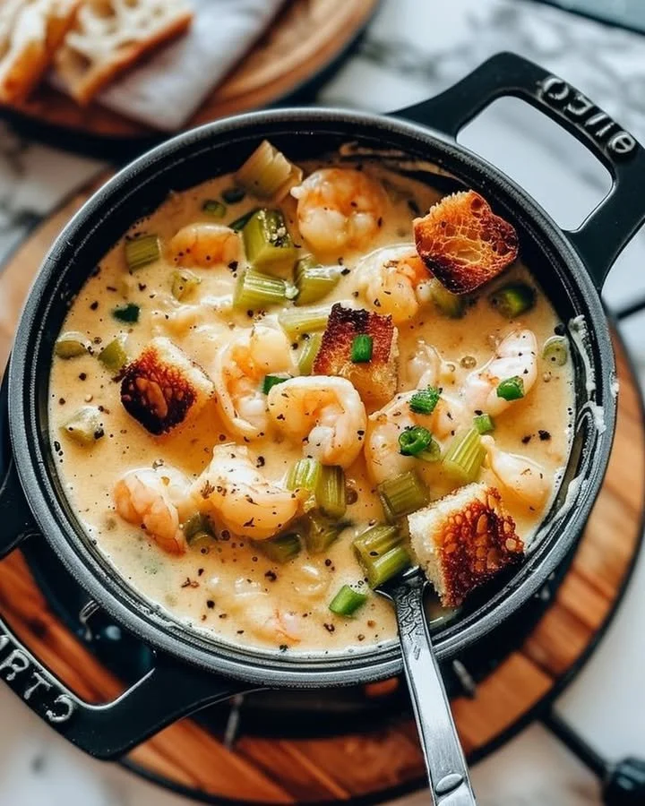 Delicious hearty shrimp bisque served in a bowl with herbs and shrimp garnish.