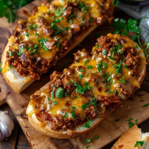 Hearty sloppy joe melts served on toasted garlic bread with herbs