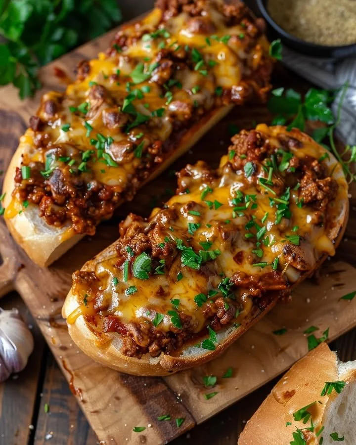Hearty sloppy joe melts served on toasted garlic bread with herbs