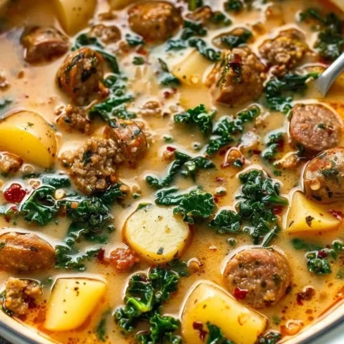 Hearty Tuscan Sausage Soup with kale and potatoes in a bowl