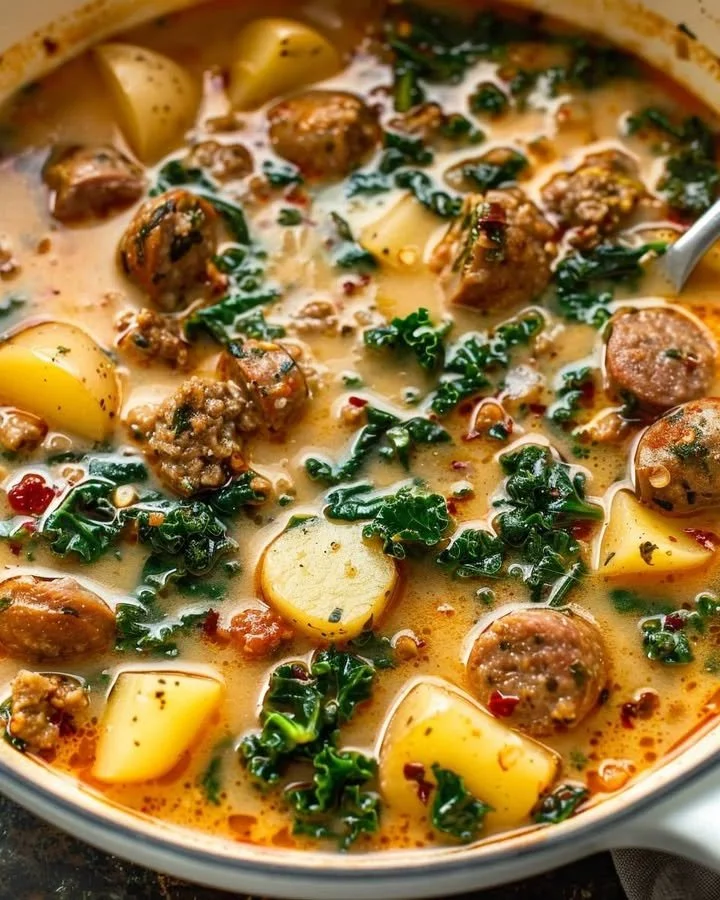 Hearty Tuscan Sausage Soup with kale and potatoes in a bowl