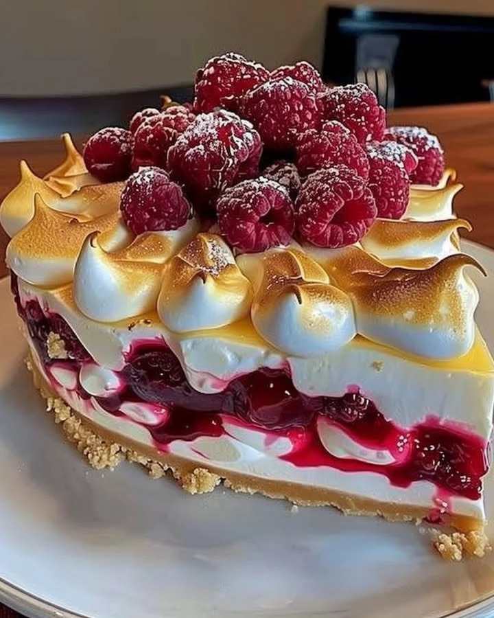 Heavenly Lemon Raspberry Meringue Cheesecake topped with fresh raspberries and meringue.