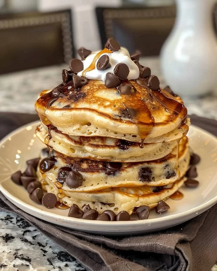 Delicious heavenly morsels chocolate pancakes topped with syrup and berries.
