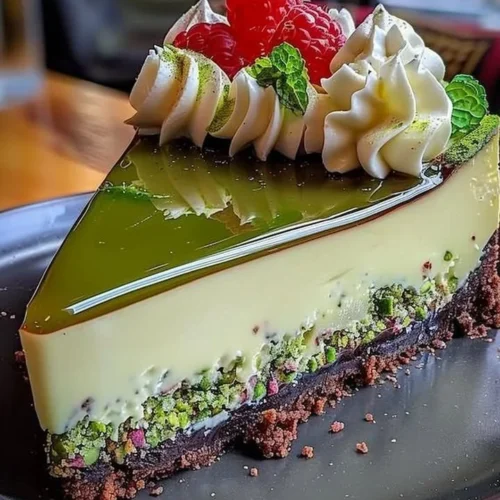 Heavenly pistachio white chocolate cheesecake dessert slice