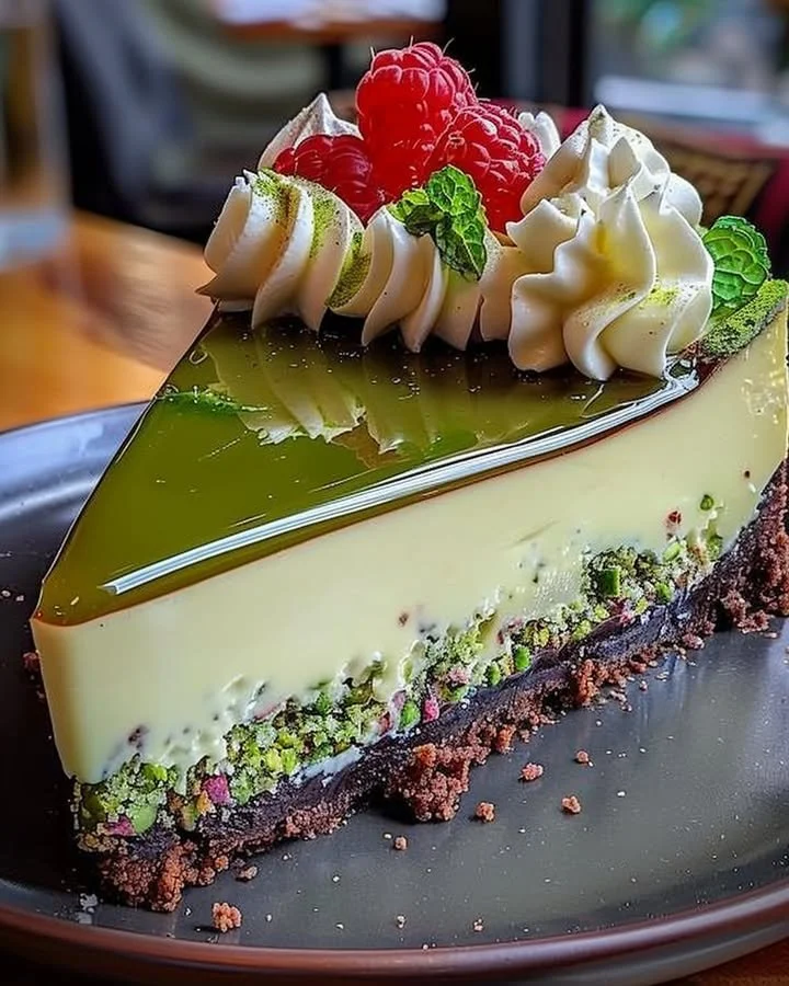 Heavenly pistachio white chocolate cheesecake dessert slice
