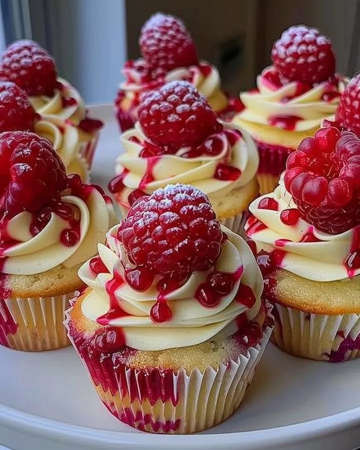 Delicious raspberry cheesecake cupcakes topped with fresh raspberries and cream.