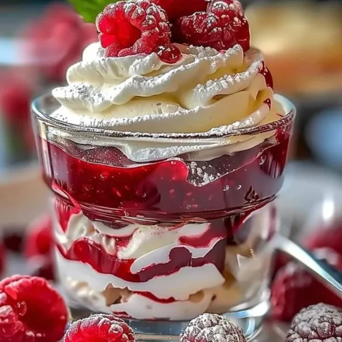 Heavenly Raspberry White Chocolate Mousse Parfait dessert with raspberries and chocolate
