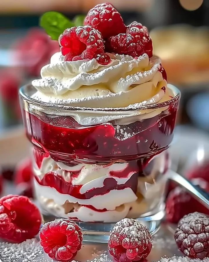 Heavenly Raspberry White Chocolate Mousse Parfait dessert with raspberries and chocolate