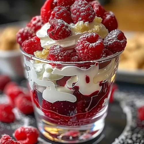 Heavenly raspberry white chocolate mousse parfait served in a glass