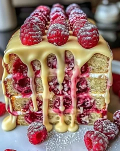 Heavenly White Chocolate Raspberry Cake topped with fresh raspberries and white chocolate shavings.
