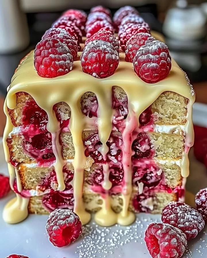 Heavenly White Chocolate Raspberry Cake topped with fresh raspberries and white chocolate shavings.