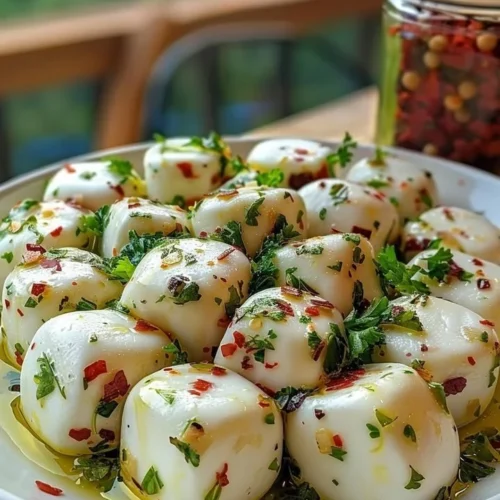 Herbed marinated mozzarella with olive oil and garlic served in a bowl.