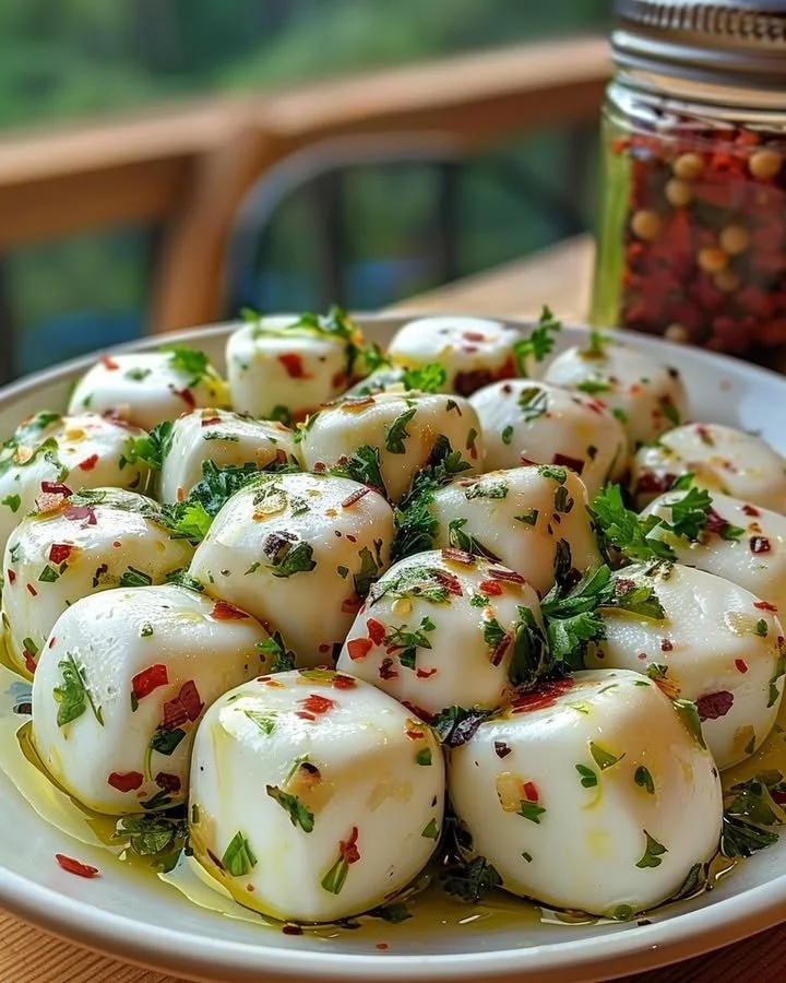 Herbed marinated mozzarella with olive oil and garlic served in a bowl.